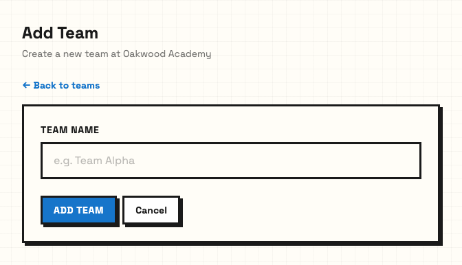 Add Team page with a field for the team name