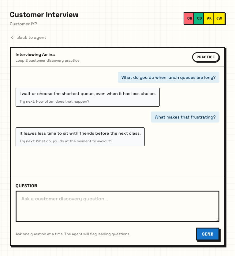 Customer Interview practice transcript with questions, simulated answers and suggested follow-ups