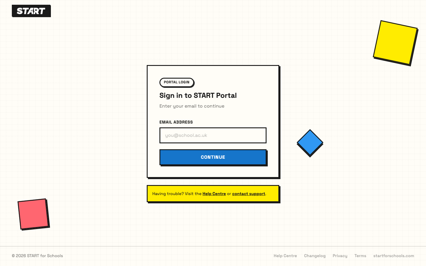 START Portal sign-in page with an email address field and Continue button