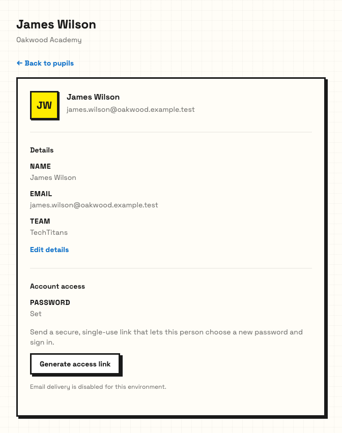 Synthetic pupil record showing the Account access area and Generate access link action