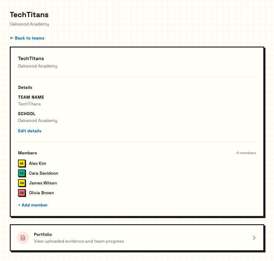 TechTitans team page showing four synthetic pupil members and an Add member action